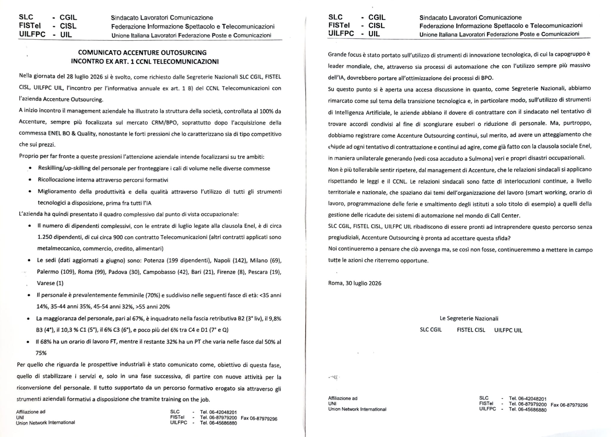 COMUNICATO ACCENTURE OUTOSURCING - INCONTRO EX ART. 1 CCNL TELECOMUNICAZIONI