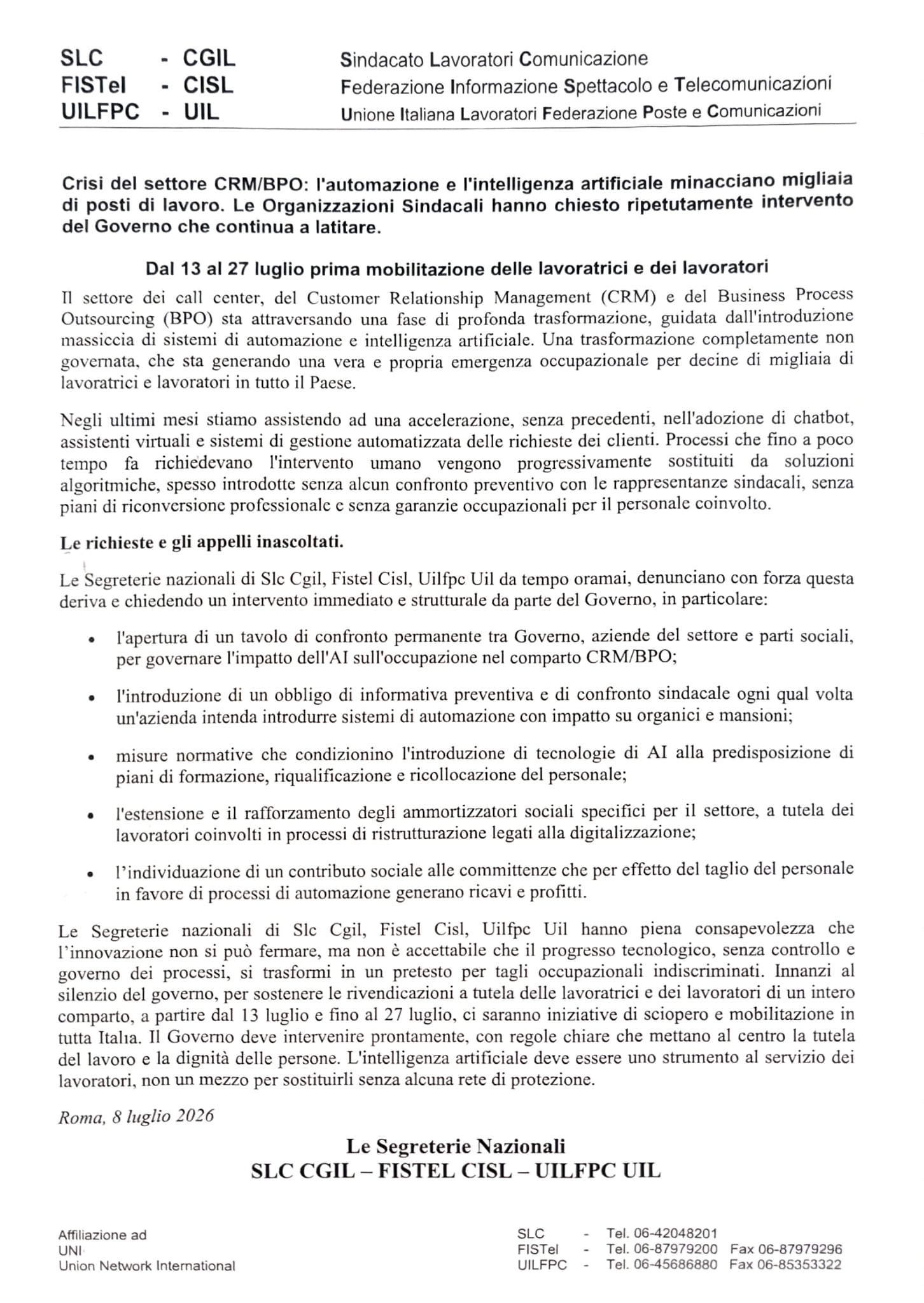 🔴CRISI DEL SETTORE CRMBPO: l'automazione e l'intelligenza artificiale minacciano migliaia di posti di lavoro. Dal 13 al 27 luglio prima mobilitazione delle lavoratrici e dei lavoratori