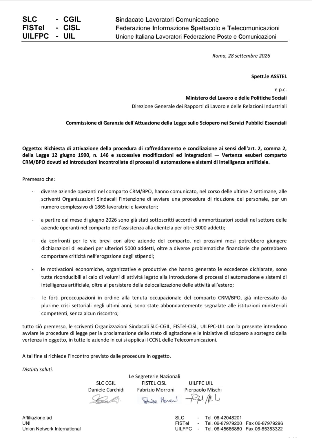 Richiesta di attivazione della Procedura di raffreddamento e conciliazione ai sensi della L.146/90 art. 2 comma 2 - Vertenza esuberi comparto CRM/PO dovuti ad introduzioni incontrollate di processi di automazione e sistemi di intelligenza artificiale.