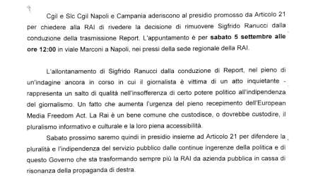 RANUCCI: CGIL E SLC ADERISCONO AL PRESIDIO PRESSO LA SEDE RAI DI NAPOLI 05 SETTEMBRE ALLE 12.00