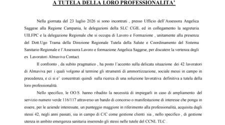 LAVORATORI EX ALMAVIVA: INCONTRO ALLA REGIONE CAMPANIA CON L'ASSESSORA SAGGESE