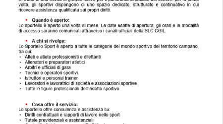Nasce lo Sportello Sport SLC CGIL : Un servizio sindacale gratuito dedicato a tutte le categorie di lavoratori e lavoratrici del mondo sportivo della Campania
