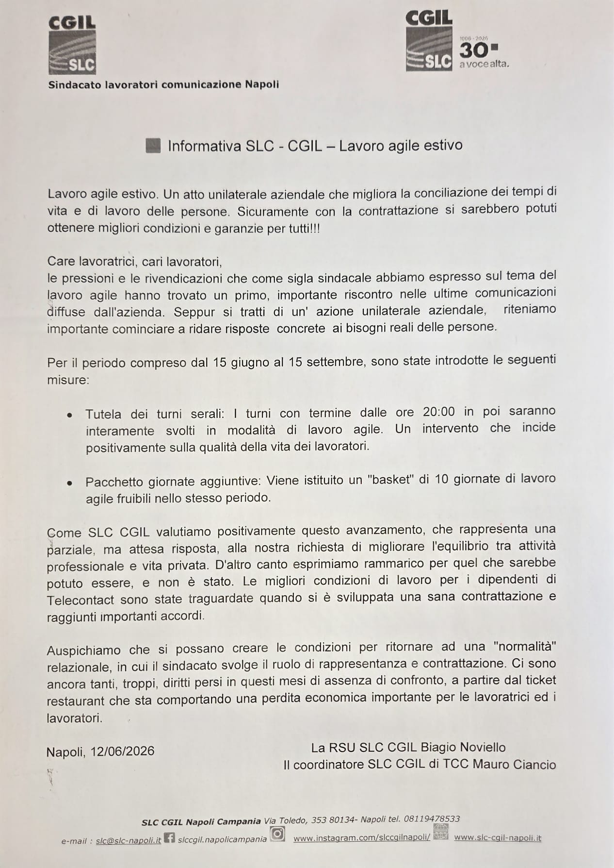 INFORMATIVA TELECONTACT - LAVORO AGILE ESTIVO